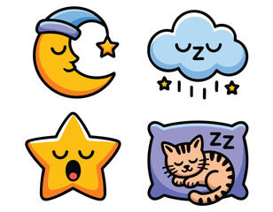 Cute Pixel Art Sleep Icons: Moon, Cloud, Star, Kitten