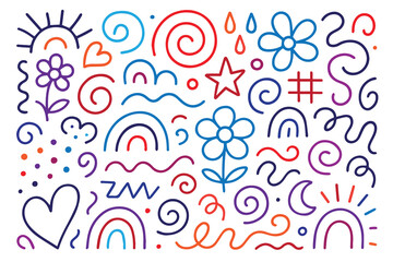 Bright and cheerful doodle background in vector style, created for kids with vibrant colors and fun elements to inspire joyful learning environments.

