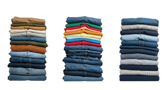 Stacks of folded clothes neatly arranged isolated on transparent background