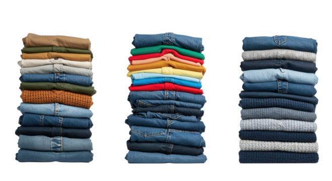 Stacks of folded clothes neatly arranged isolated on transparent background
