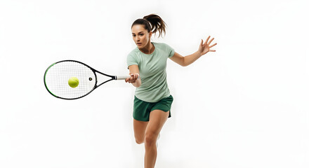 Focused female tennis player powerfully serves a ball, dynamic action shot against a white background.