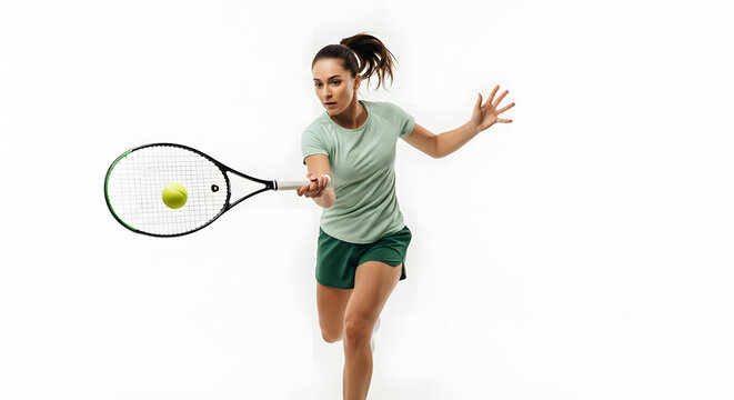 Focused female tennis player powerfully serves a ball, dynamic action shot against a white background.