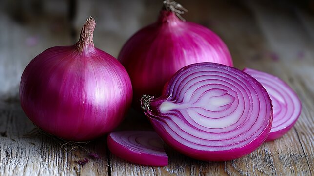 Close-up of whole and sliced red onions on a wooden surface. - Powered by Adobe