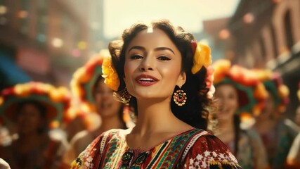 A beautiful Mexican happy woman in national clothes dances folklore at street festivities during the Cinco de Mayo holiday. Cinco De Mayo - Mexico's national holiday