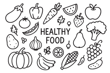 A black and white vector background pattern featuring fruits and vegetables, with bold black outlines illustrating a clean and healthy food concept.

