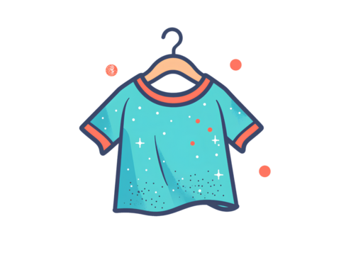 A cute t-shirt icon, in a clip art style with pastel colors and sparkles, on a white background. The shirt is teal blue in color and has an orange outline around the edges. 