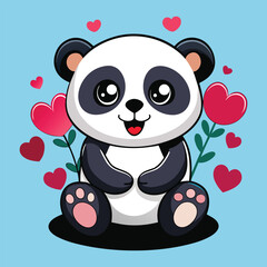Cute panda with hearts and flowers bear cartoon