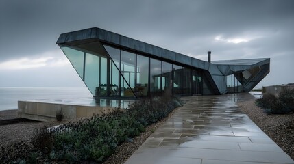 Modern House Minimalist Small British Style Diverse Landscapes Vibrant Accents Photorealistic Textures Dynamic Lighting Randomized Weather Elegant Design Sophisticated Ambiance Futuristic Edge (AI-Gen