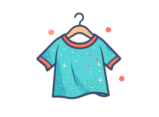  A cute t-shirt icon, in a clip art style with pastel colors and sparkles, on a white background. The shirt is teal blue in color and has an orange outline around the edges.