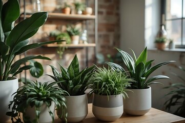 Obraz premium A collection of various green houseplants in modern white and grey pots arranged on a wooden table with a blurred background