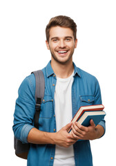 Happy young man student carrying an backpack is holding his books while standing and looking camera, on a white or transparent background