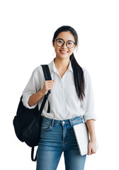 A realistic photo of a happy and ambitious 19-year-old girl student. She standing against a white background and holding a closed laptop in one hand.