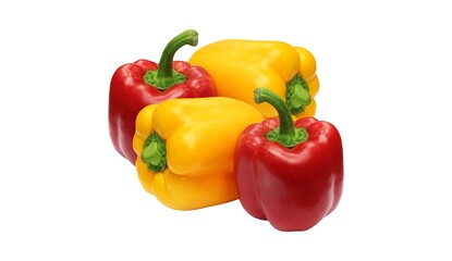 Bulgarian Red and Yellow Bell Peppers Isolated on White Background. Fresh Bell Peppers Vegetable Mix. Diet, Vegetarian, Vegan, Tasty, Top View, Healthy Eating, Vitamin, Paprika, Sweet, Fresh