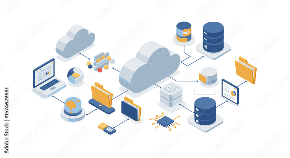 Poster isometric cloud computing network with servers and data storage elements