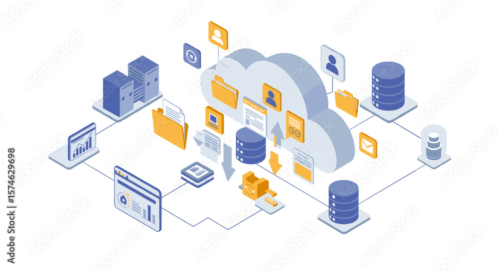 Poster cloud data storage and management in isometric design with digital icons