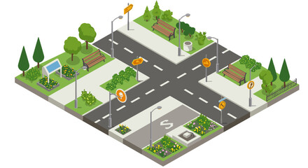 Isometric urban park intersection with benches and street signs