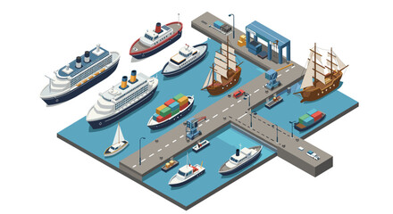 Obraz premium Isometric port scene with ships, boats, and infrastructure
