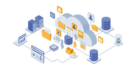 Obraz premium Cloud data storage and management in isometric design with digital icons
