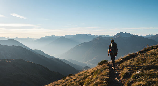 A lone backpacker hikes along a grassy mountain ridge offering expansive vistas of layered peaks under a clear blue sky.
