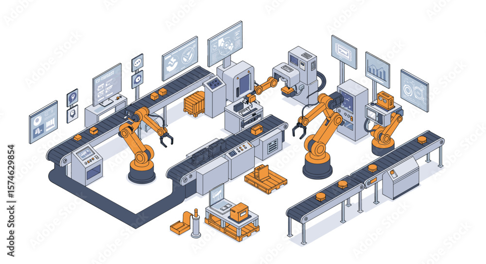Poster automated factory assembly line with robotic arms and conveyor belt in isometric design