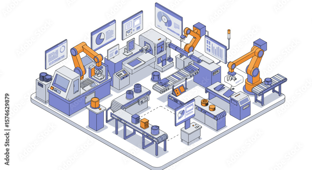 Poster isometric smart factory with automation and robotics in manufacturing facility