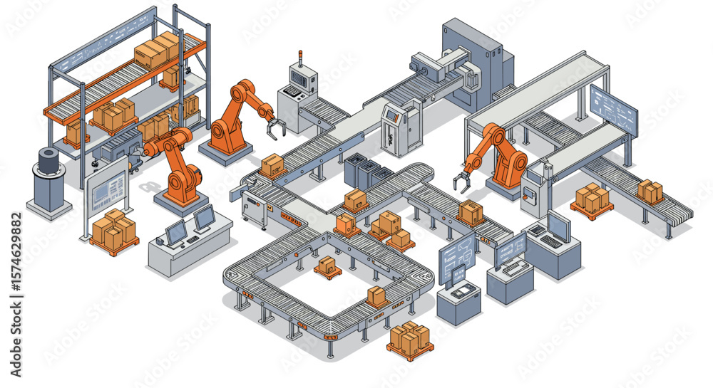 Poster automated factory isometric design with robotics and conveyor system in modern warehouse