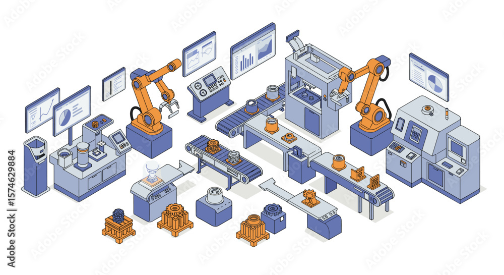 Poster advanced robotics in automated factory with isometric design and conveyor system