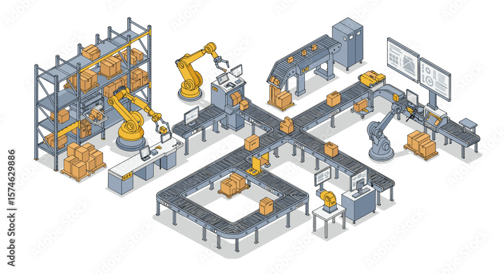 Poster automated warehouse: isometric view of robotics and conveyor systems
