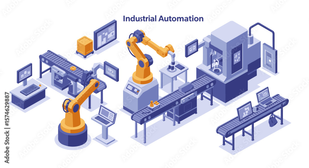Poster advanced robotic assembly line with automated systems and conveyor belts