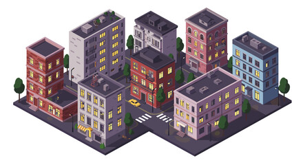 Charming isometric urban neighborhood with colorful brick buildings and street scene