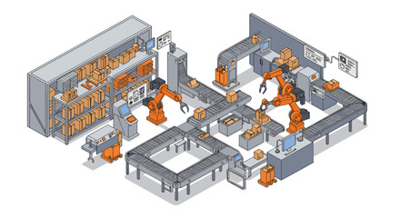 Obraz premium Isometric automated warehouse with conveyor belts and robotic arms