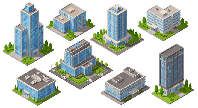 Modern isometric office buildings set with urban landscape elements