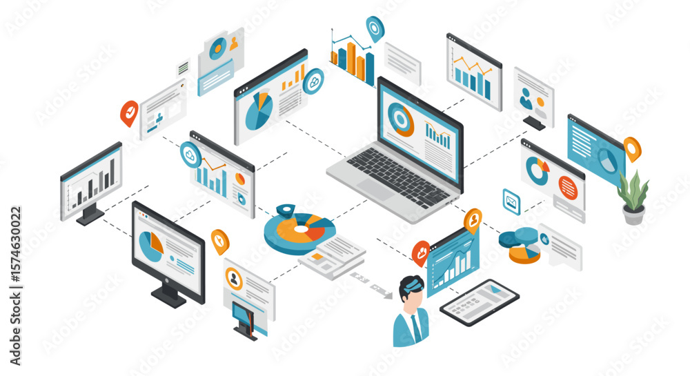 Poster isometric business analytics and data visualization concept with digital devices