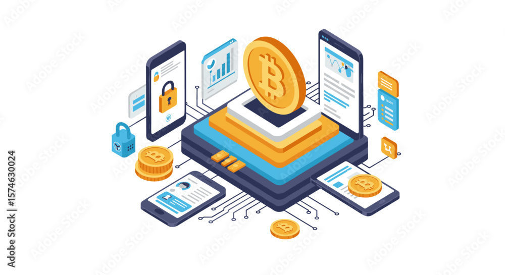 Poster isometric cryptocurrency network with bitcoin symbol and digital devices