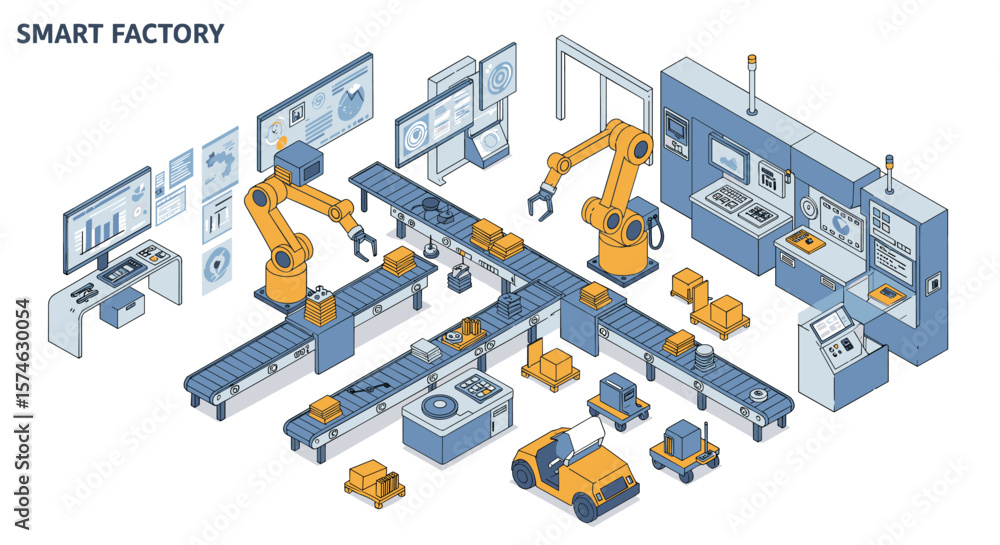 Poster smart factory automation with robotic arms and conveyor system in isometric style