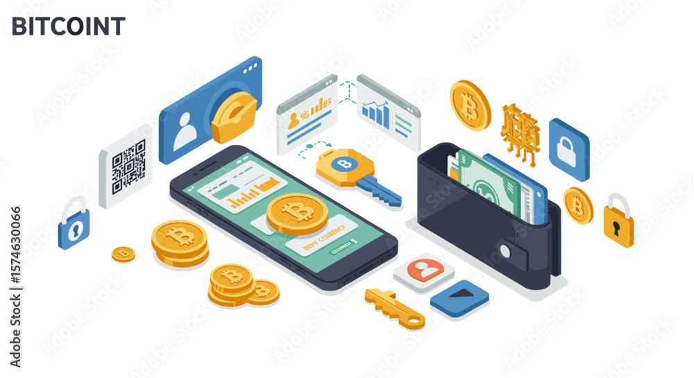 Poster isometric bitcoin mobile wallet transaction with security icons and financial charts