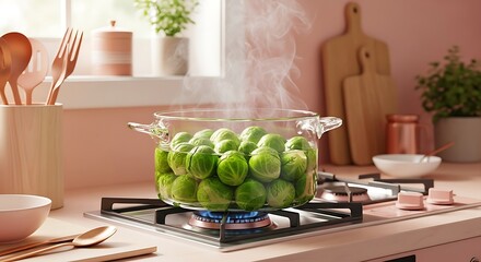 Steaming Brussels Sprouts in a Glass Pot on a Kitchen Stove, Healthy Green Vegetables Cooking on a Modern Gas Hob