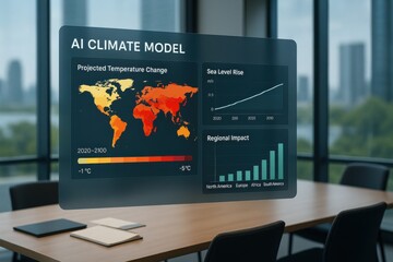 AI Climate Model Dashboard Showing Global Temperature Change, Sea Level Rise, and Regional Environmental Impact
