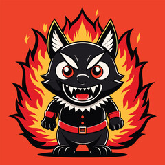 Fiery black cat character with sharp teeth fire flames