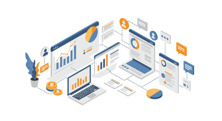 Isometric business data analysis concept with interactive charts and devices