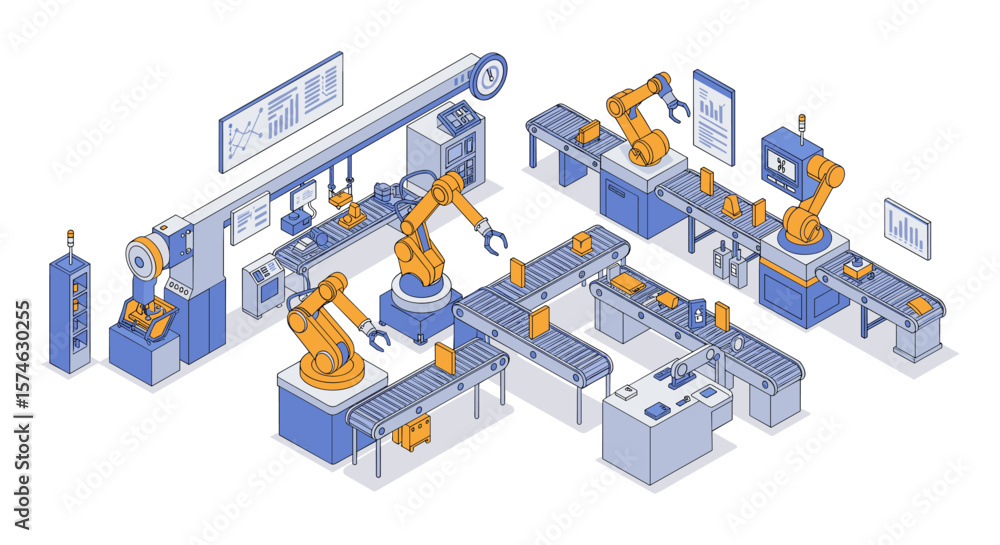 Poster automated factory production line with robotic technology in isometric style