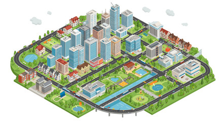 Fototapeta premium Modern isometric cityscape with skyscrapers, parks, and roads