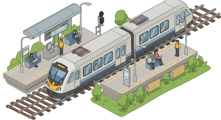 Modern isometric city train with commuters at a bustling urban station