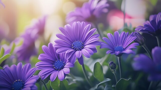 Blooming Purple Daisies Soft Light Highlights Vibrant Flowers in a Lush Floral Garden