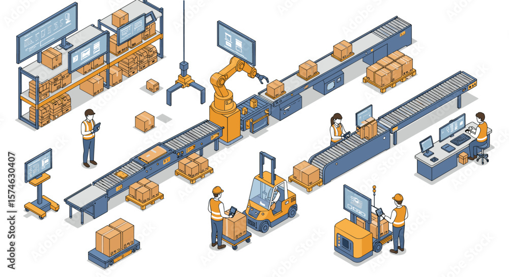 Poster isometric warehouse automation with robots and conveyors enhancing efficiency