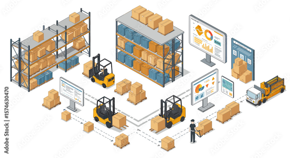 Poster logistic warehouse management system with forklifts and data analytics in isometric style