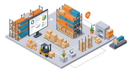 Isometric warehouse management system with forklift and inventory technology