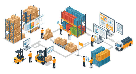 Isometric warehouse logistics and supply chain management concept