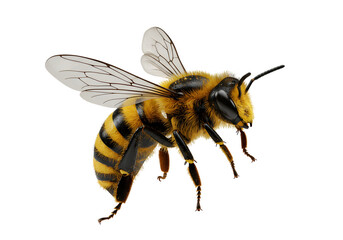 3D Render of a Honeybee in Flight, Detailed Close-up, Black Background, Realistic, Nature, Insect, Pollination, Wildlife, Macro Photography, Studio Shot.
