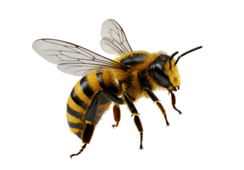 3D Render of a Honeybee in Flight, Detailed Close-up, Black Background, Realistic, Nature, Insect, Pollination, Wildlife, Macro Photography, Studio Shot.